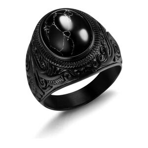 Retro Tiger Eye Stone Black Onyx Ring Men's Stainless Steel Ring Oval Biker‎